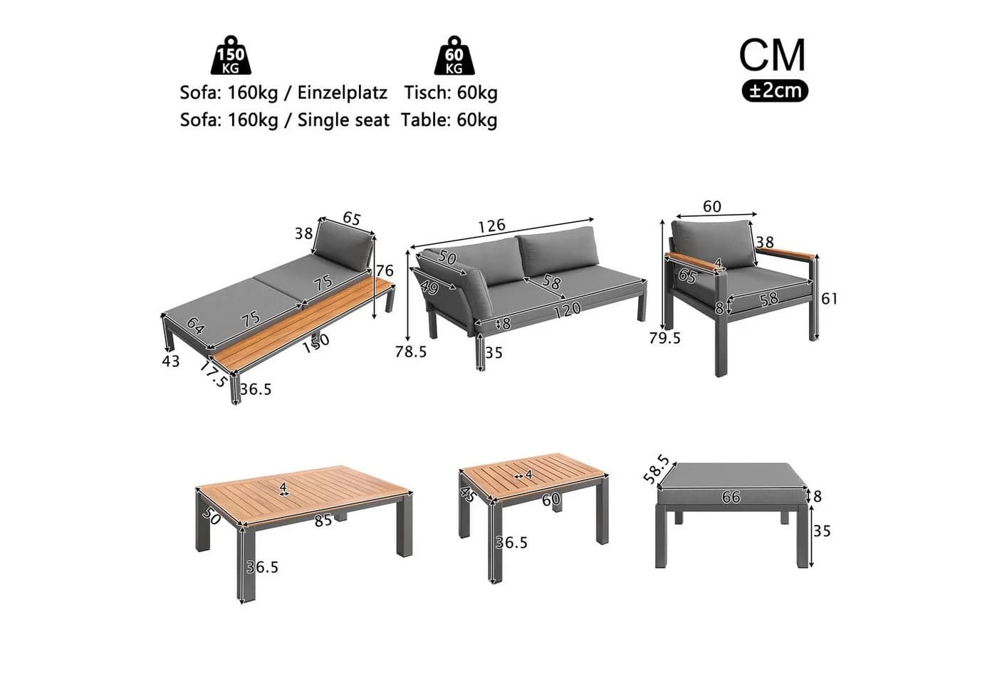 KLAM HOME Gartenlounge-Set Grau Modular Metallrahmen Akazie - Bild 3