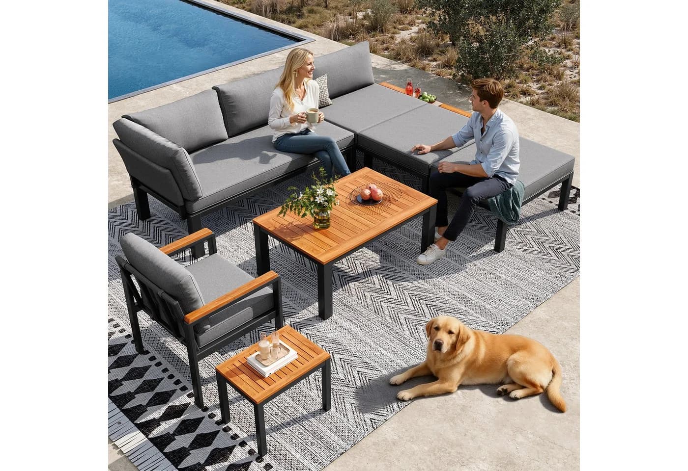 KLAM HOME Gartenlounge-Set Grau Modular Metallrahmen Akazie - Bild 4