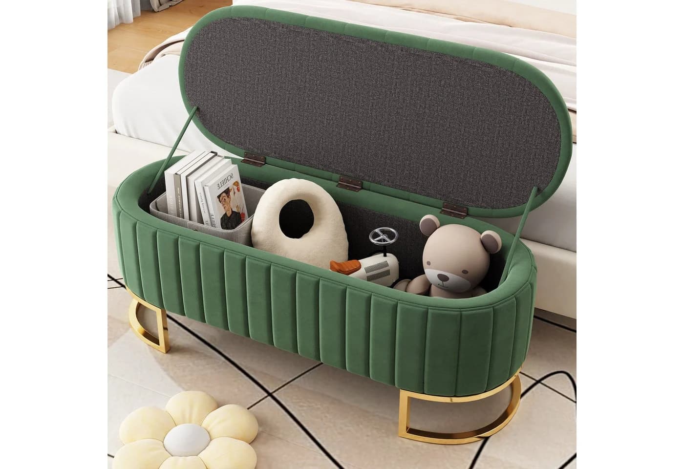 KLAM HOME Stauraum-Fußbank Beige Samt 120 cm - Bild 2