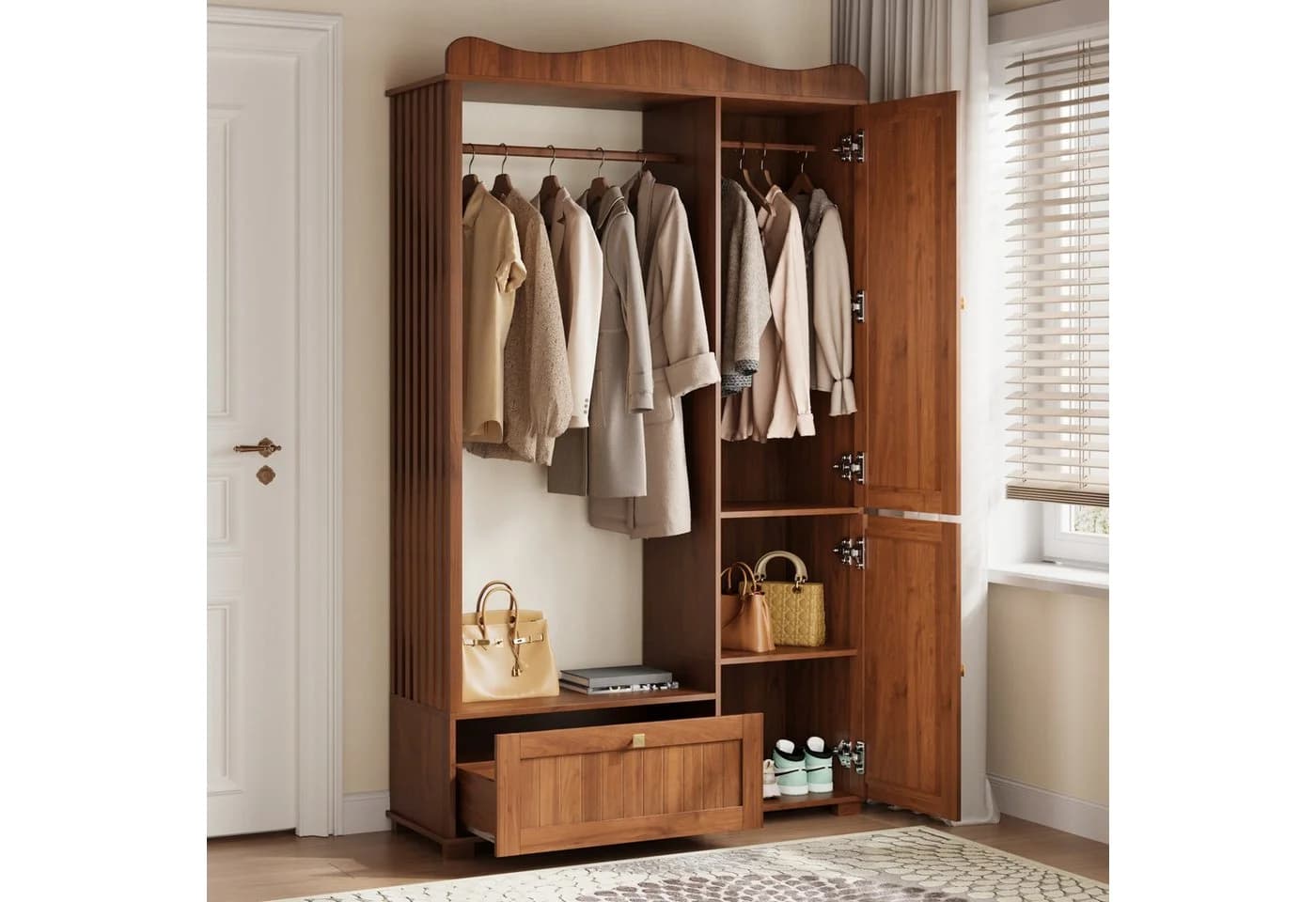 KLAM HOME Garderobenschrank Eiche mit Ganzkörperspiegel & Kleiderständer - Bild 2