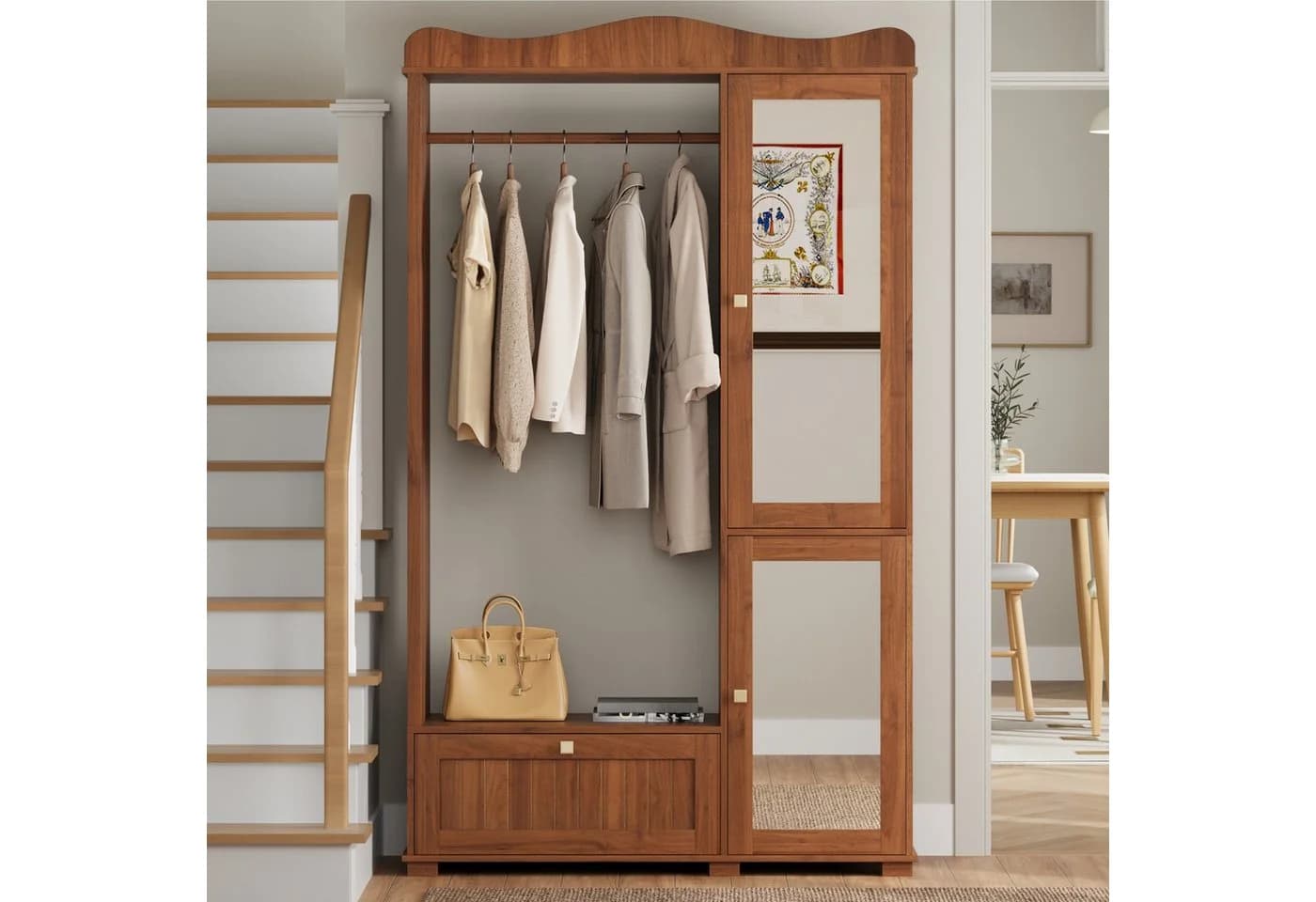 KLAM HOME Garderobenschrank Eiche mit Ganzkörperspiegel & Kleiderständer - Bild 4