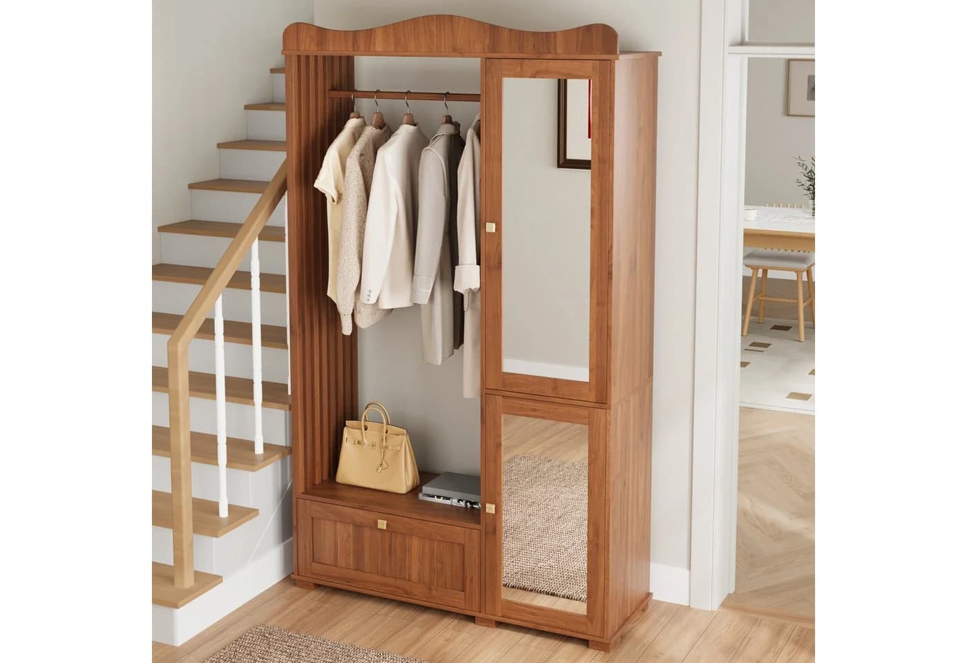 KLAM HOME Garderobenschrank Eiche mit Ganzkörperspiegel & Kleiderständer - Bild 5