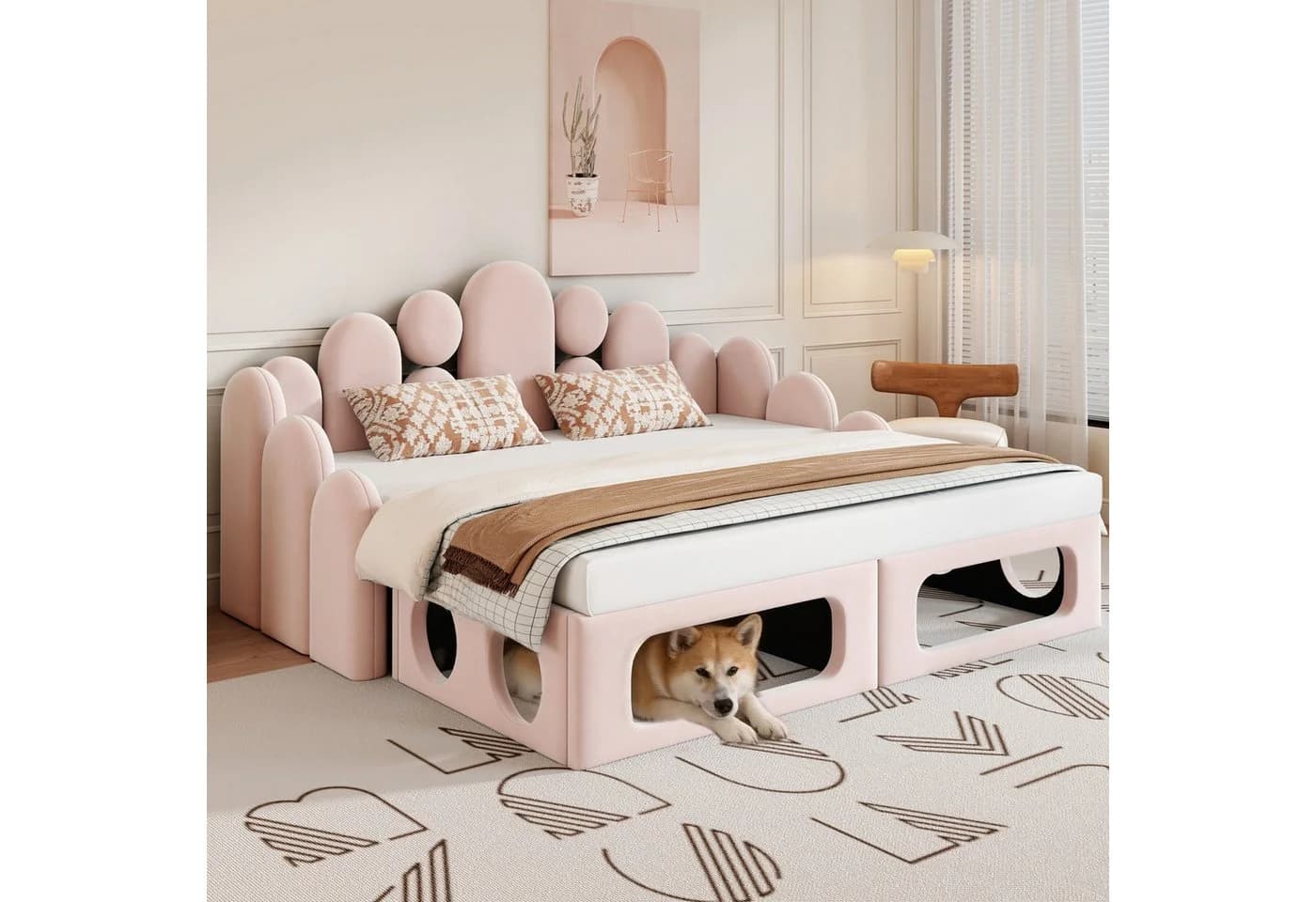 KLAM HOME Schlafsofa 2-in-1 Rosa mit Haustierbett & Lattenrost - Bild 2