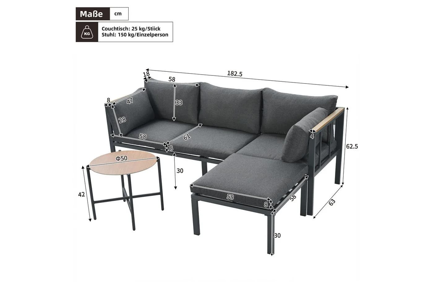 KLAM HOME Gartenlounge-Set Grau Eckgarnitur mit Glastisch - Bild 3