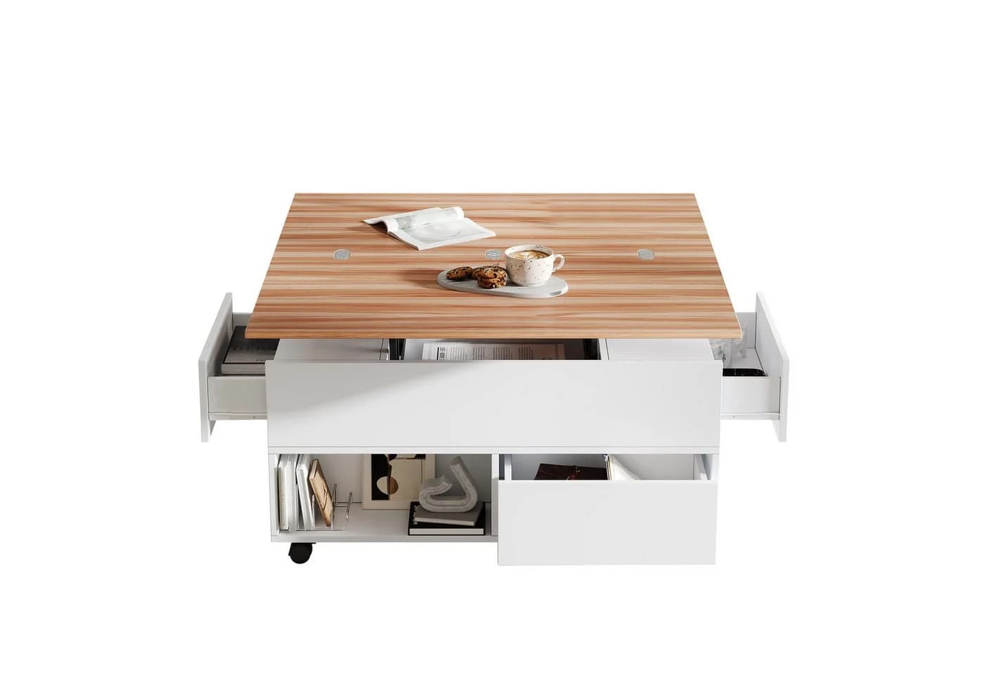 KLAM HOME Couchtisch 100x50x52 cm mit 4 Rollen, höhenverstellbar, weiß