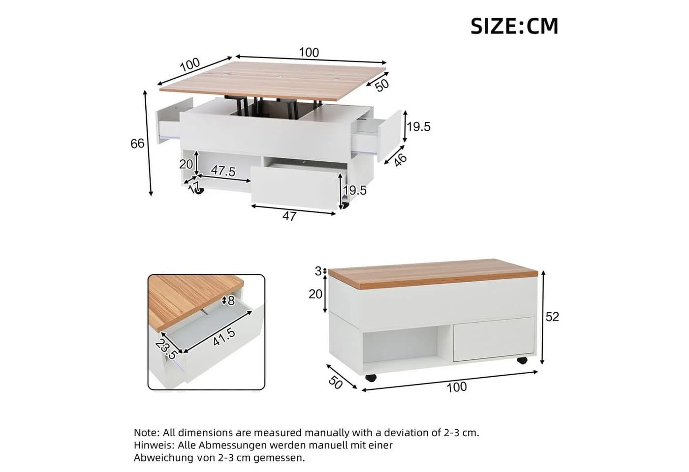 KLAM HOME Couchtisch 100x50x52 cm mit 4 Rollen, höhenverstellbar, weiß - Bild 3