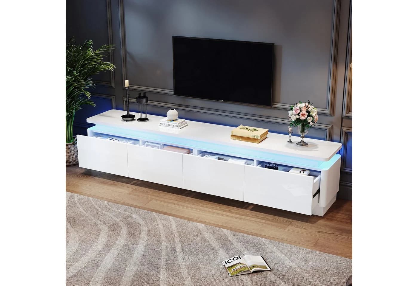 KLAM HOME Lowboard Moderner TV-Schrank 180cm Weiß Hochglanz - Bild 2