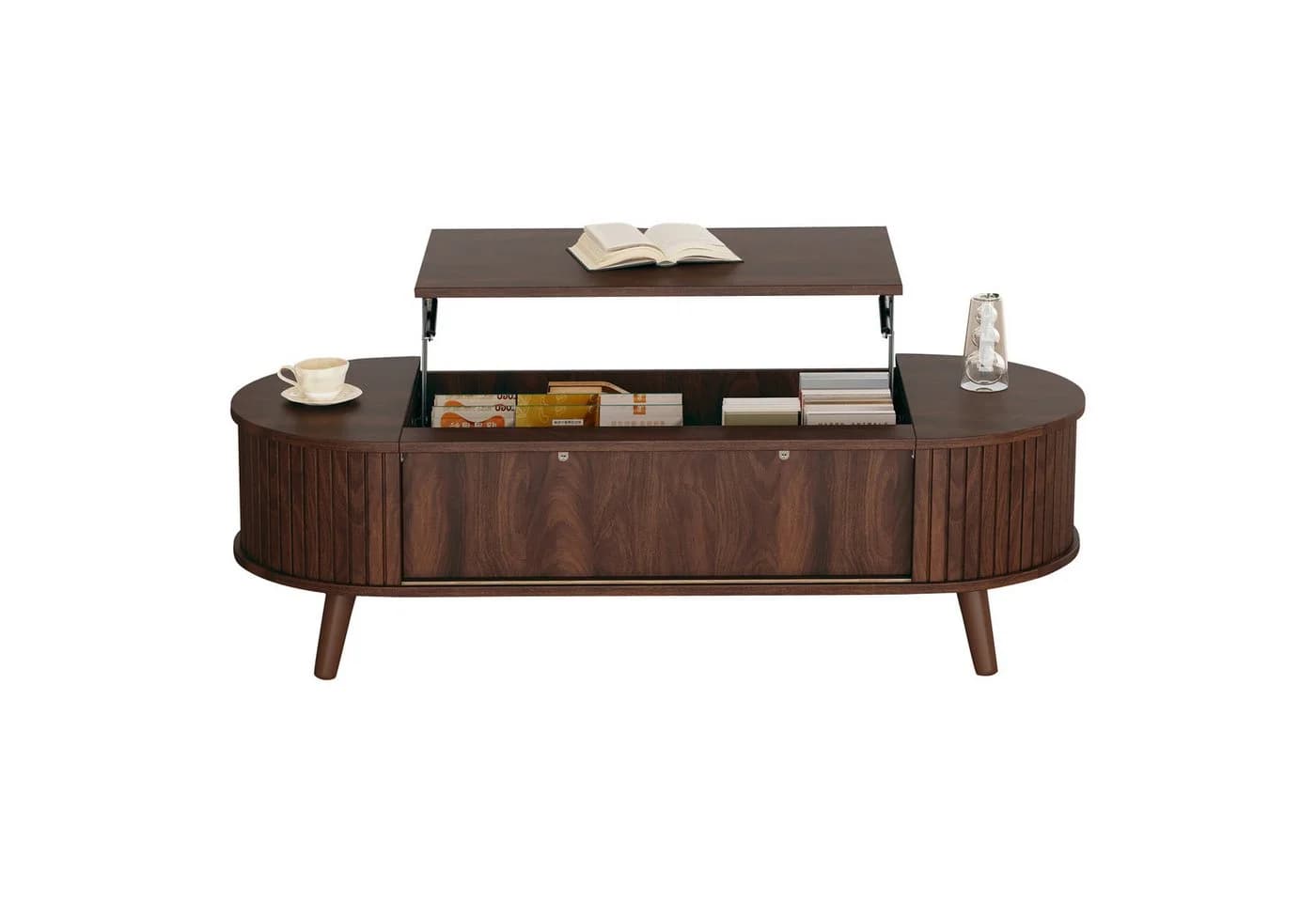 KLAM HOME Höhenverstellbarer Couchtisch Nussbaum-Optik mit Stauraum