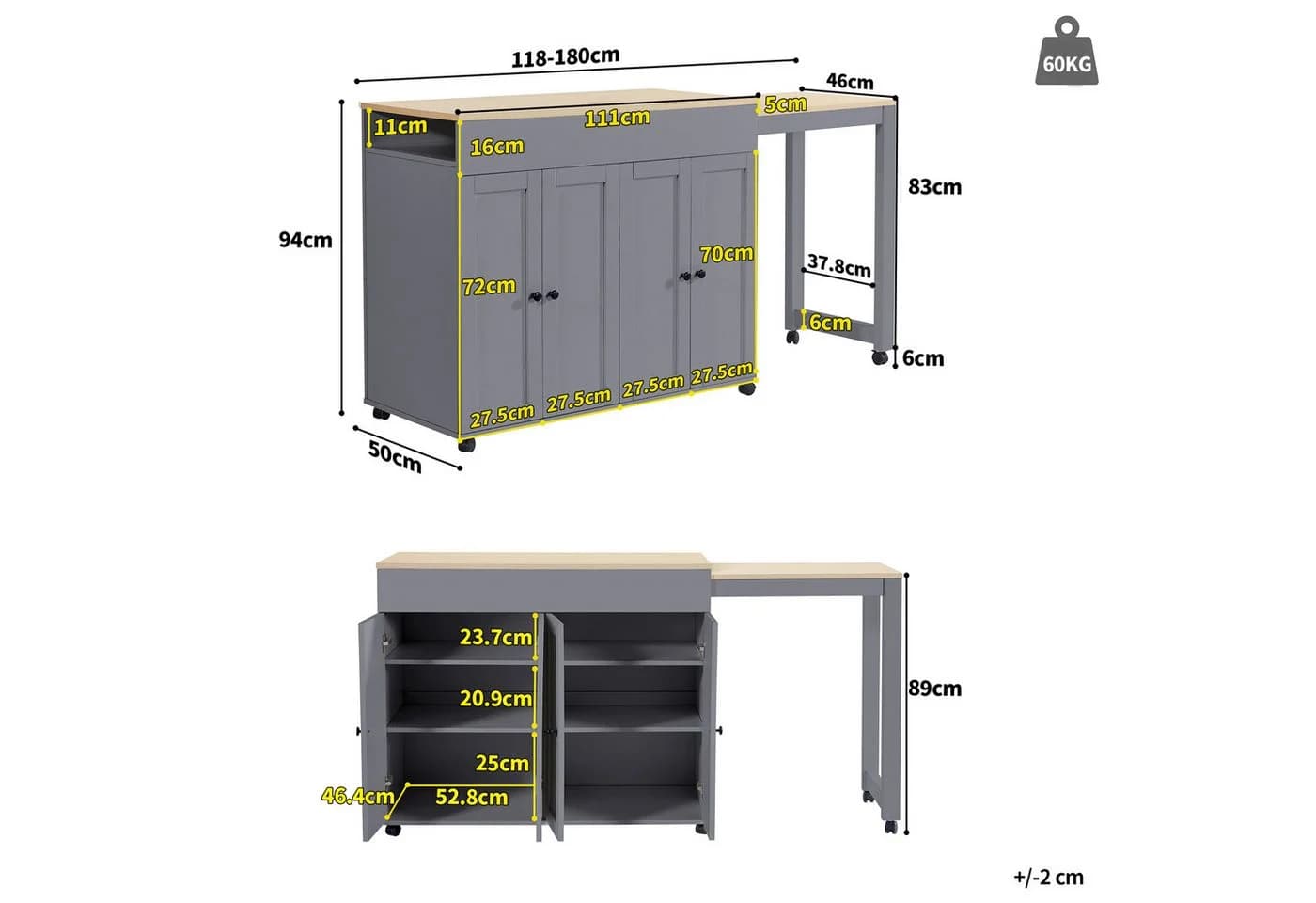 KLAM HOME Ausziehbarer Bartisch mit Stauraum 118-180x50x94cm Weiß - Bild 3
