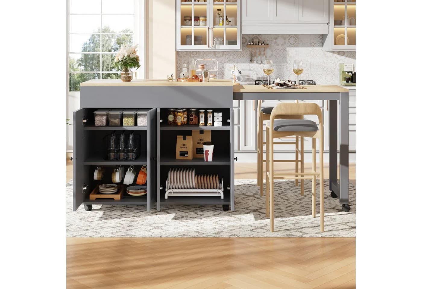 KLAM HOME Ausziehbarer Bartisch mit Stauraum 118-180x50x94cm Weiß - Bild 5