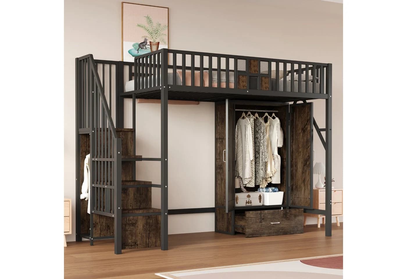 KLAM HOME Hochbett mit integriertem Kleiderschrank und Aufbewahrungsleiter - Bild 2