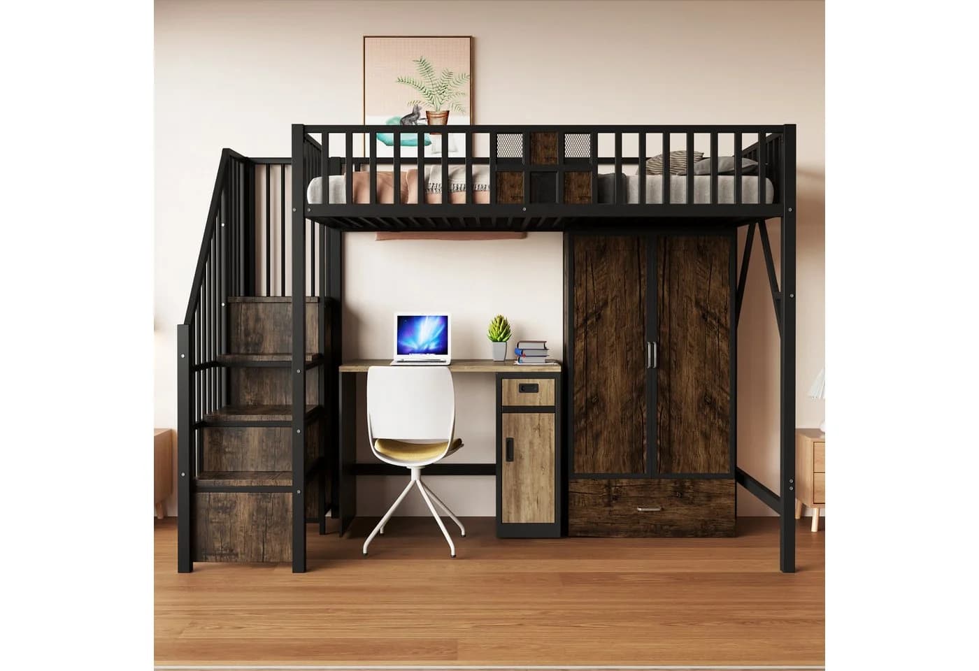 KLAM HOME Hochbett mit integriertem Kleiderschrank und Aufbewahrungsleiter - Bild 4