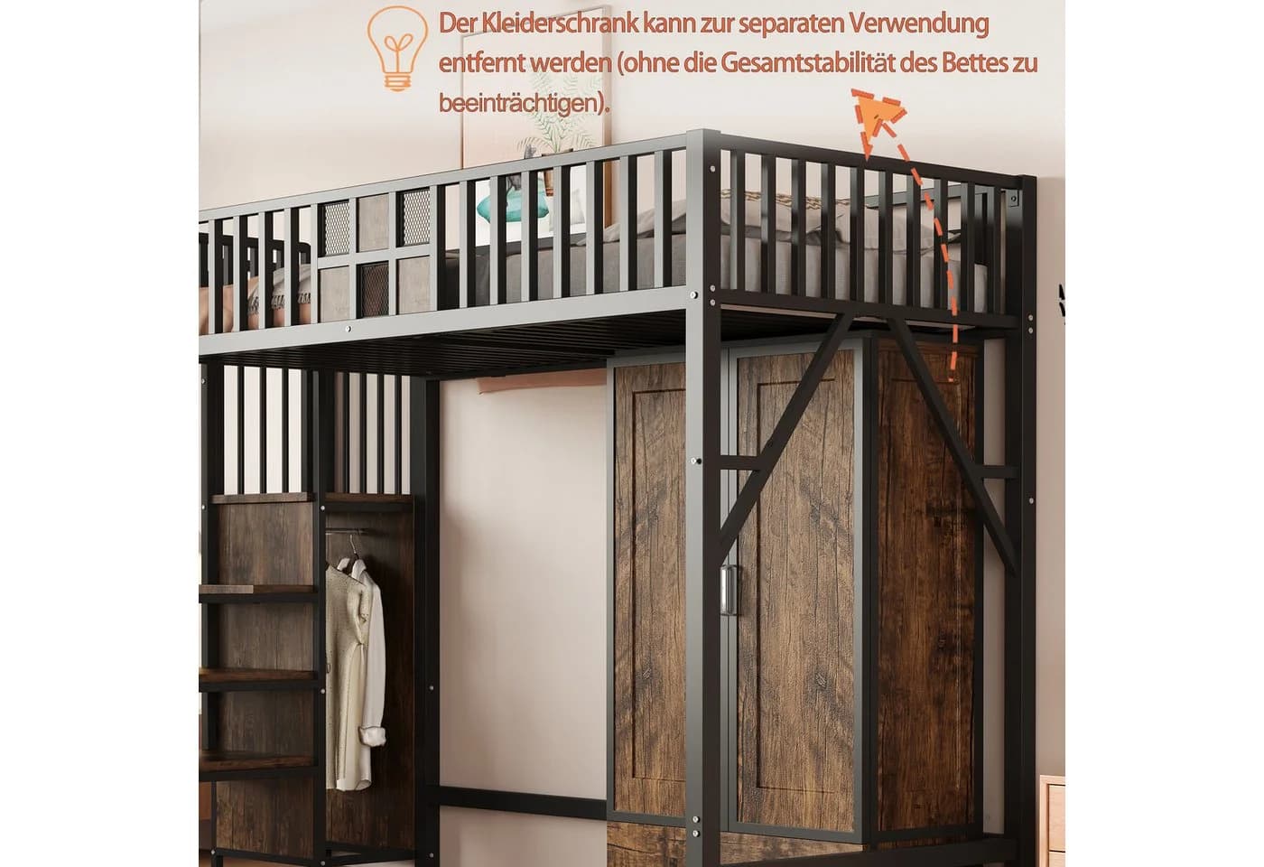 KLAM HOME Hochbett mit integriertem Kleiderschrank und Aufbewahrungsleiter - Bild 5