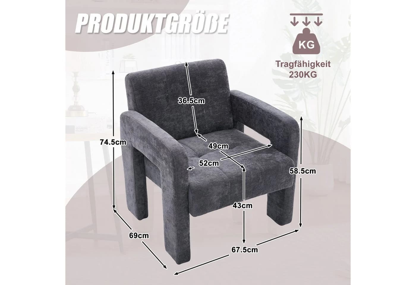 KLAM HOME Sessel Modern Minimalistisch Chenille Beige - Bild 3