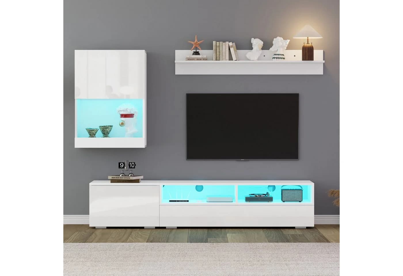 KLAM HOME TV-Wohnwand Set Weiß Hochglanz LED - Bild 5