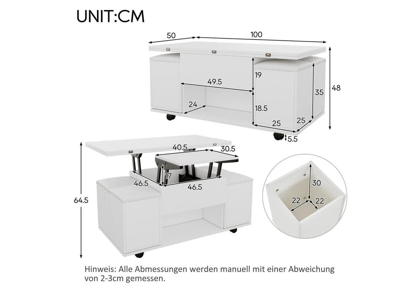 KLAM HOME Couchtisch Höhenverstellbar Weiß - Bild 3