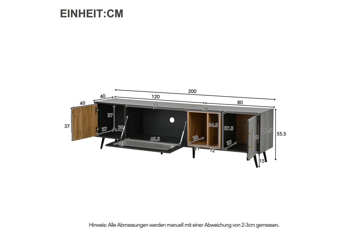 KLAM HOME TV Lowboard Grau Holzmaserung 200cm bis 90 Zoll Klapptür - Bild 3