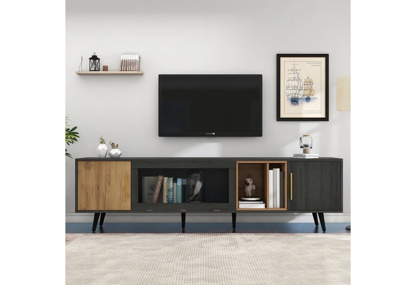 KLAM HOME TV Lowboard Grau Holzmaserung 200cm bis 90 Zoll Klapptür - Bild 4