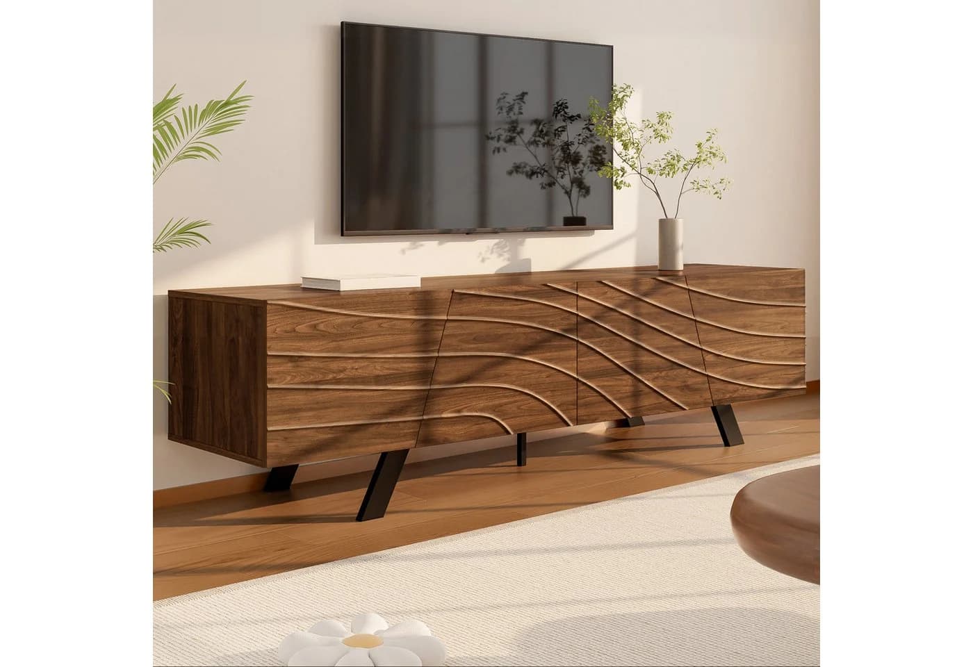 KLAM HOME Lowboard 160cm TV Schrank Walnuss Design Eisengestell - Bild 4