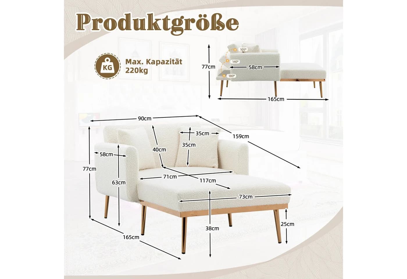 KLAM HOME Schlafsofa Modernes Relaxsessel Weiß Verstellbare Rückenlehne - Bild 3