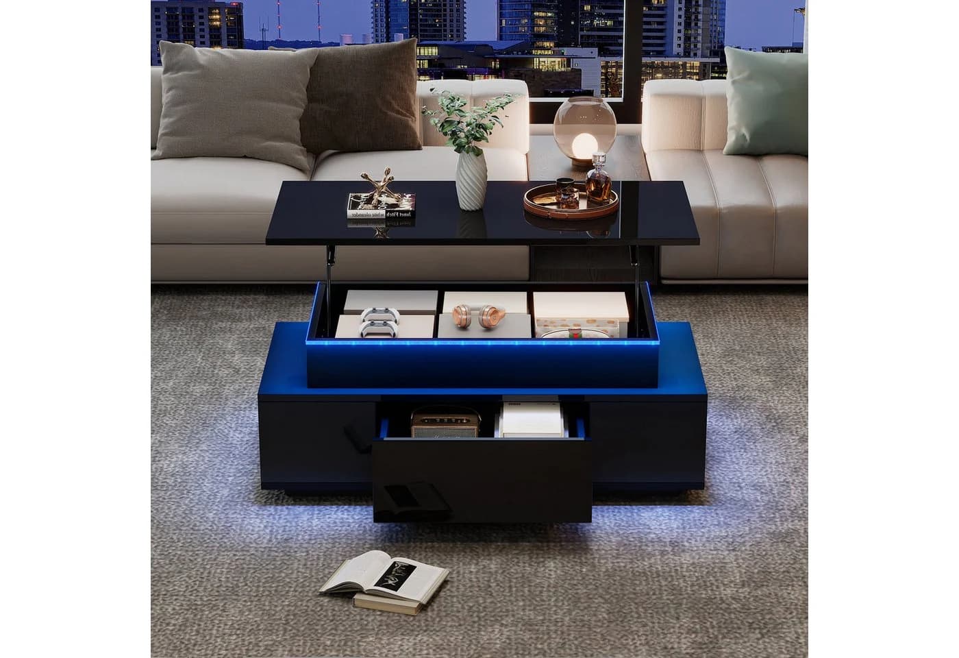KLAM HOME Couchtisch Höhenverstellbar Mit LED Beleuchtung Und Schublade - Bild 5
