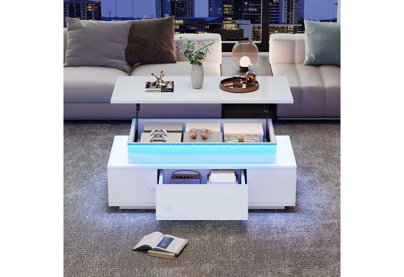 KLAM HOME Höhenverstellbarer Couchtisch LED Beleuchtung Weiß - Bild 4