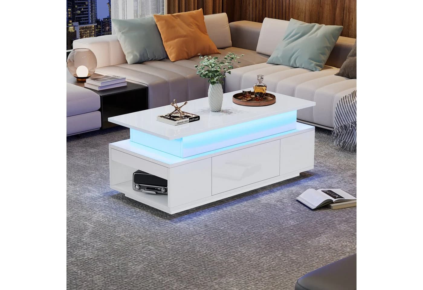 KLAM HOME Höhenverstellbarer Couchtisch LED Beleuchtung Weiß - Bild 5