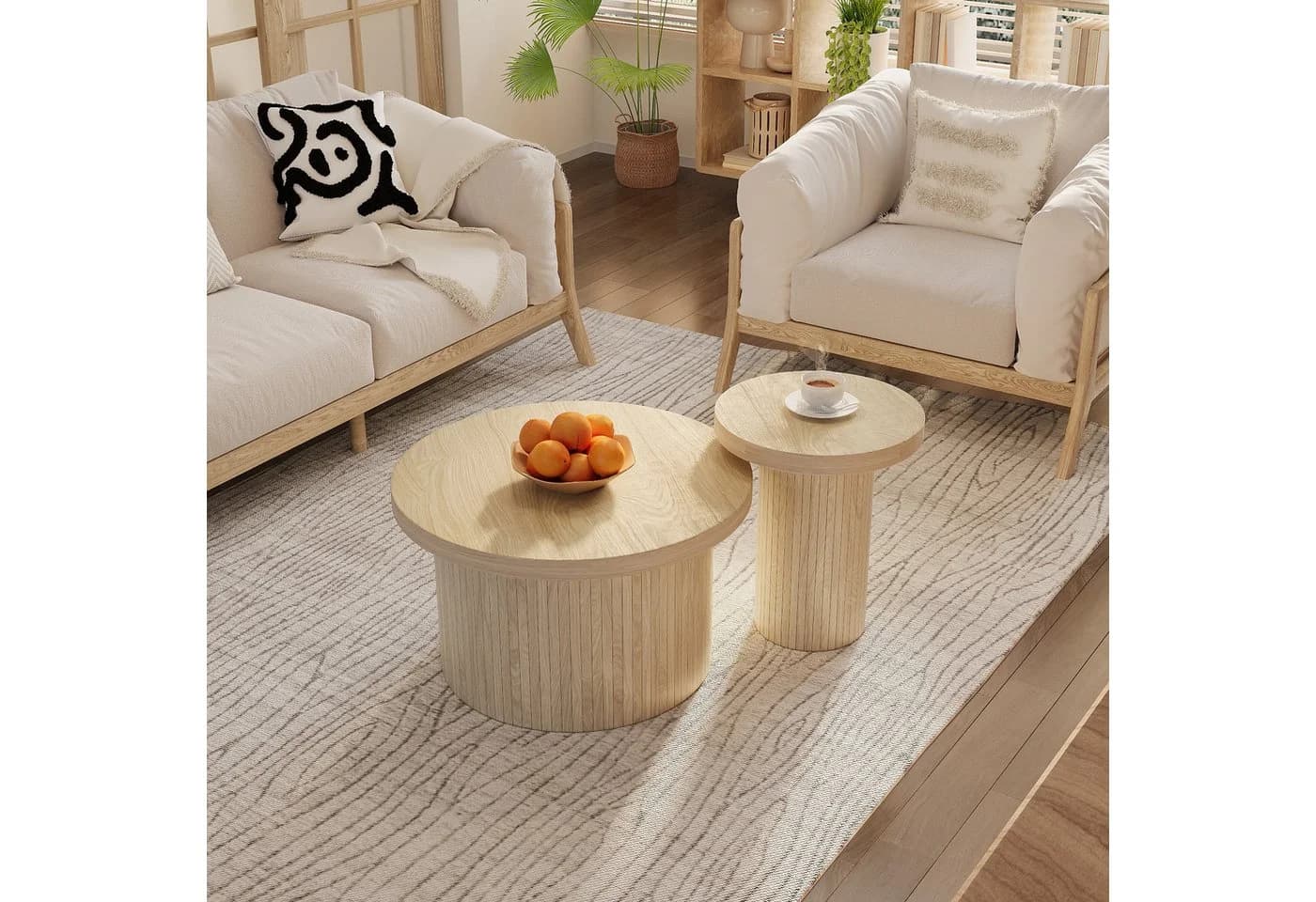 KLAM HOME Couchtischset 2-tlg. Rund Naturholz