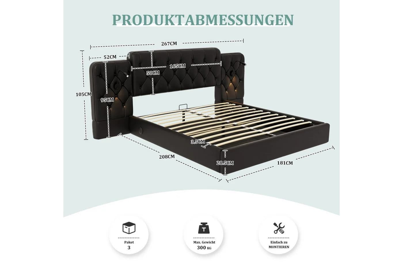 LVHOM Boxspringbett 180x200 cm Kunstleder Metallrahmen - Bild 3