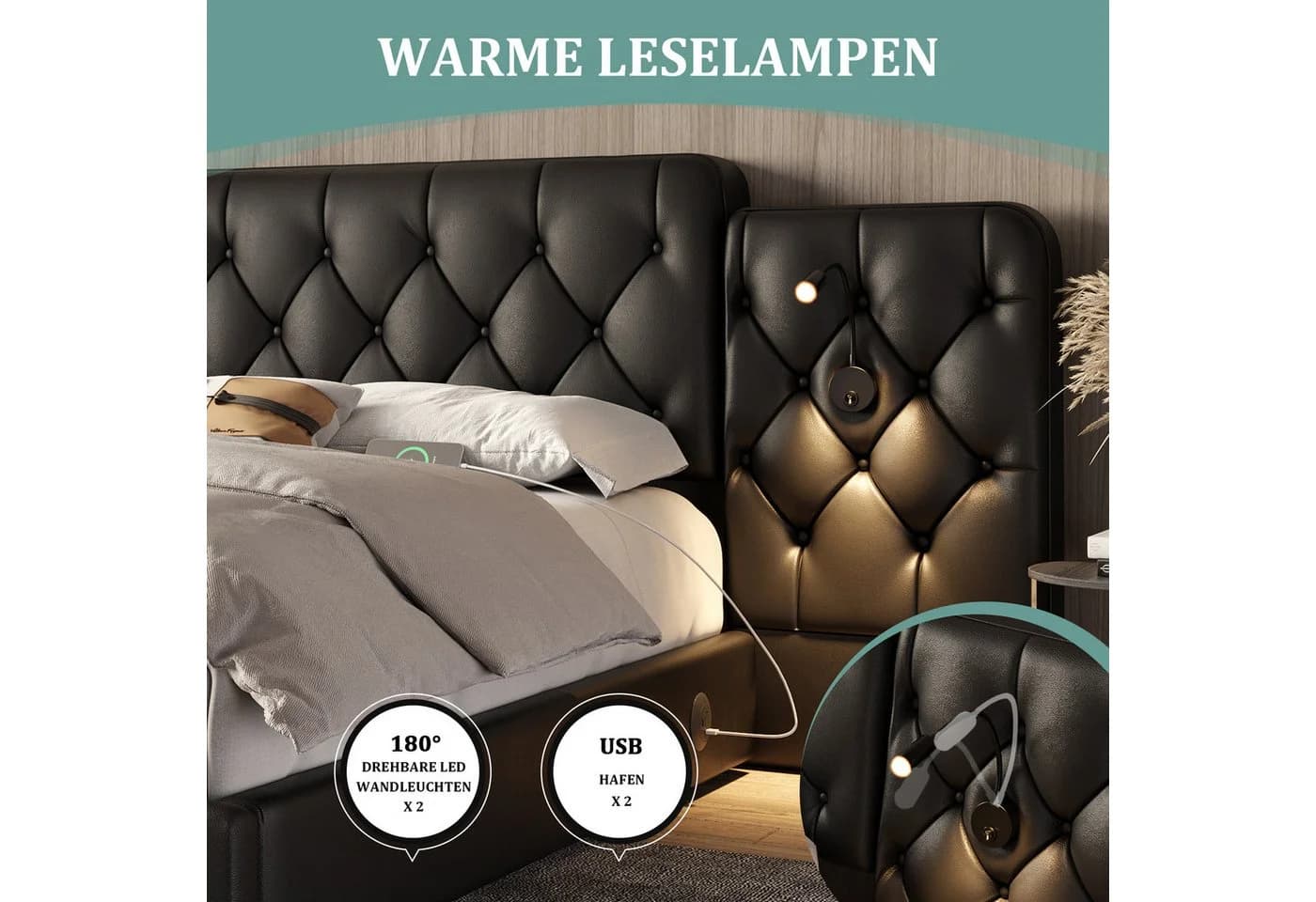 LVHOM Boxspringbett 180x200 cm Kunstleder Metallrahmen - Bild 4
