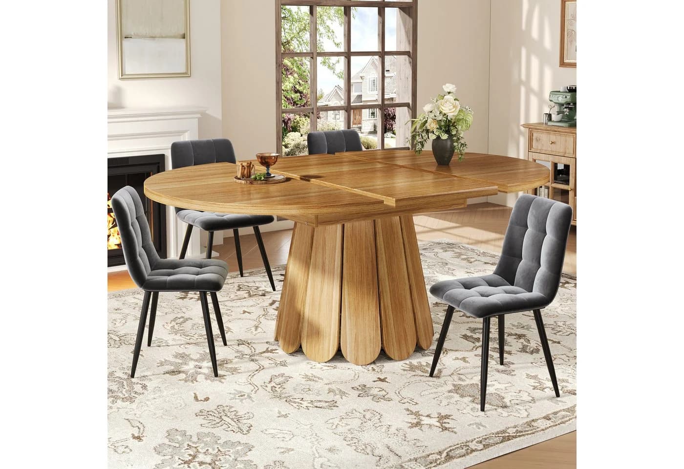 KLAM HOME Ausziehbarer Esstisch Braun Massivholz-Optik Metallgestell