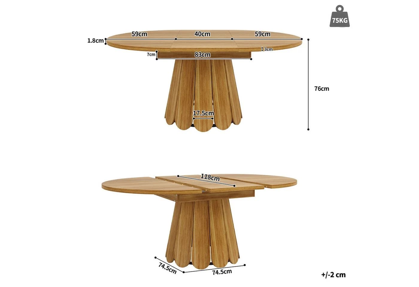 KLAM HOME Ausziehbarer Esstisch Braun Massivholz-Optik Metallgestell - Bild 3