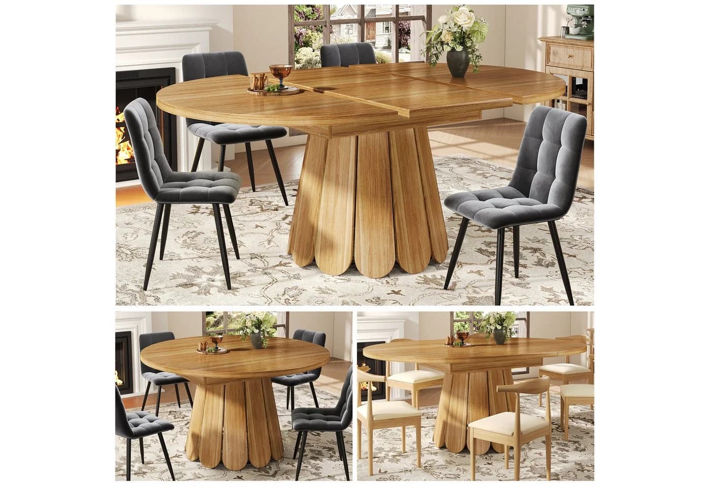 KLAM HOME Ausziehbarer Esstisch Braun Massivholz-Optik Metallgestell - Bild 4