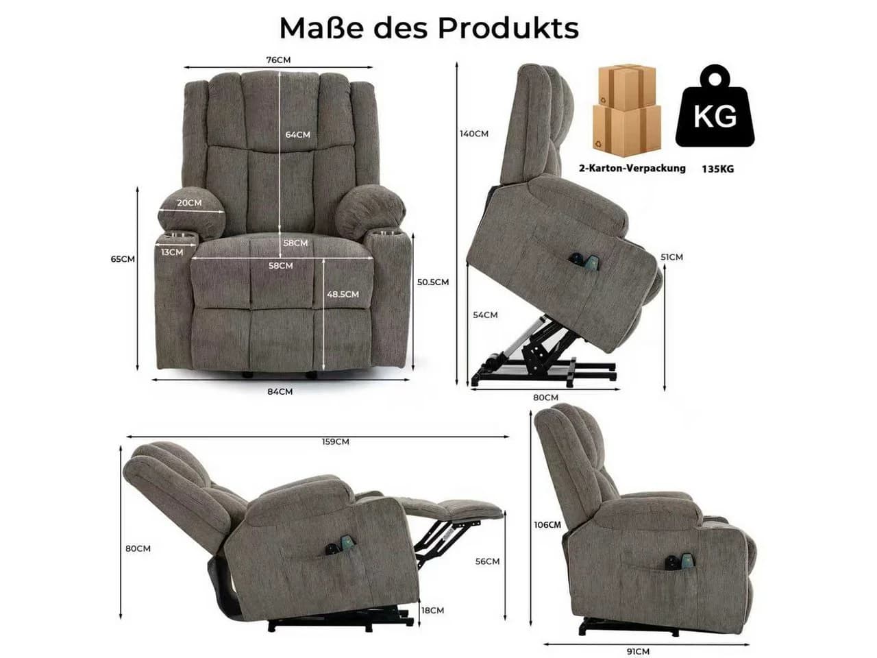 KLAM HOME Relaxsessel TV-Massagesessel mit Aufstehfunktion, Wärme & 4D-Vibration - Bild 3