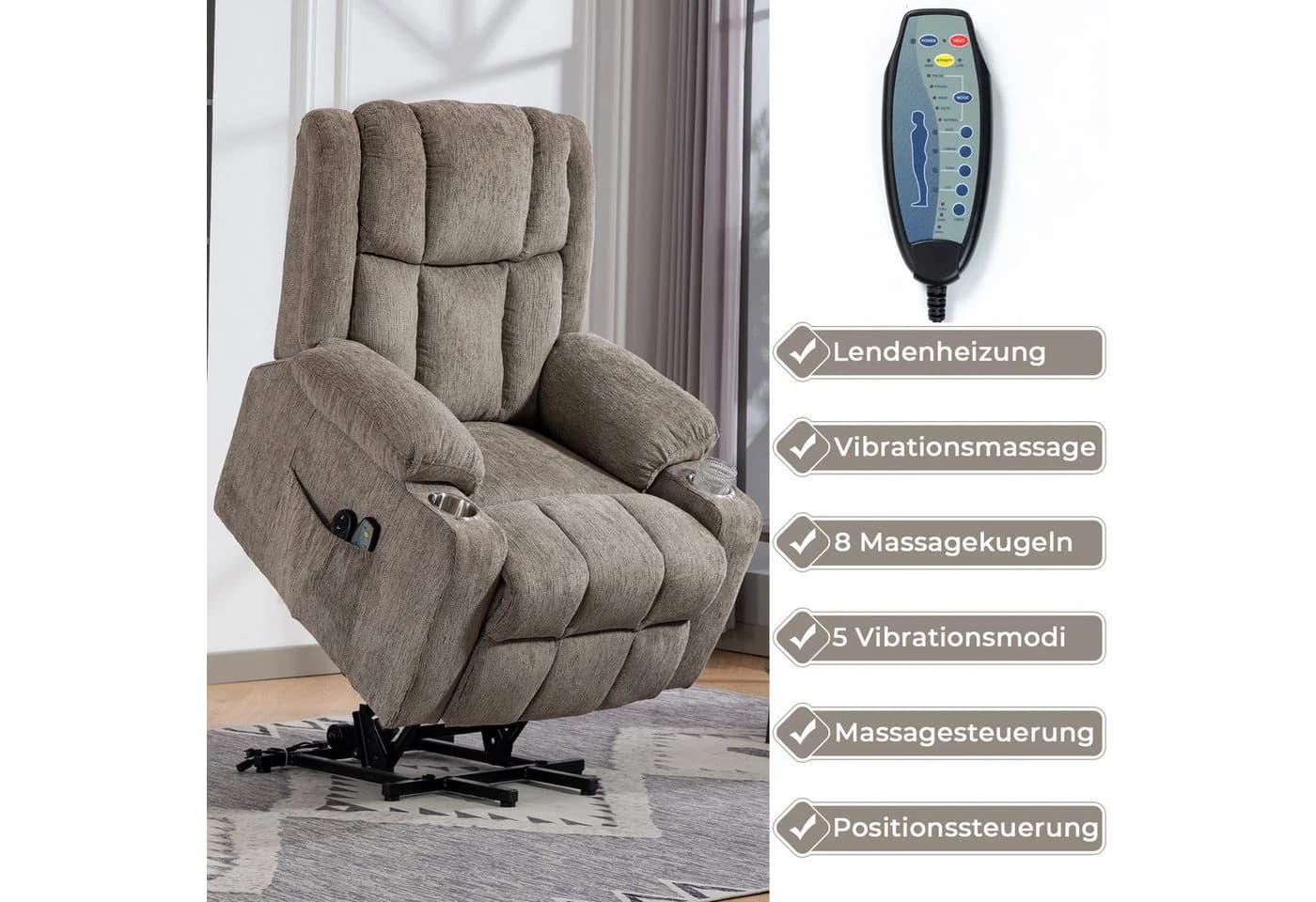 KLAM HOME Relaxsessel TV-Massagesessel mit Aufstehfunktion, Wärme & 4D-Vibration - Bild 5