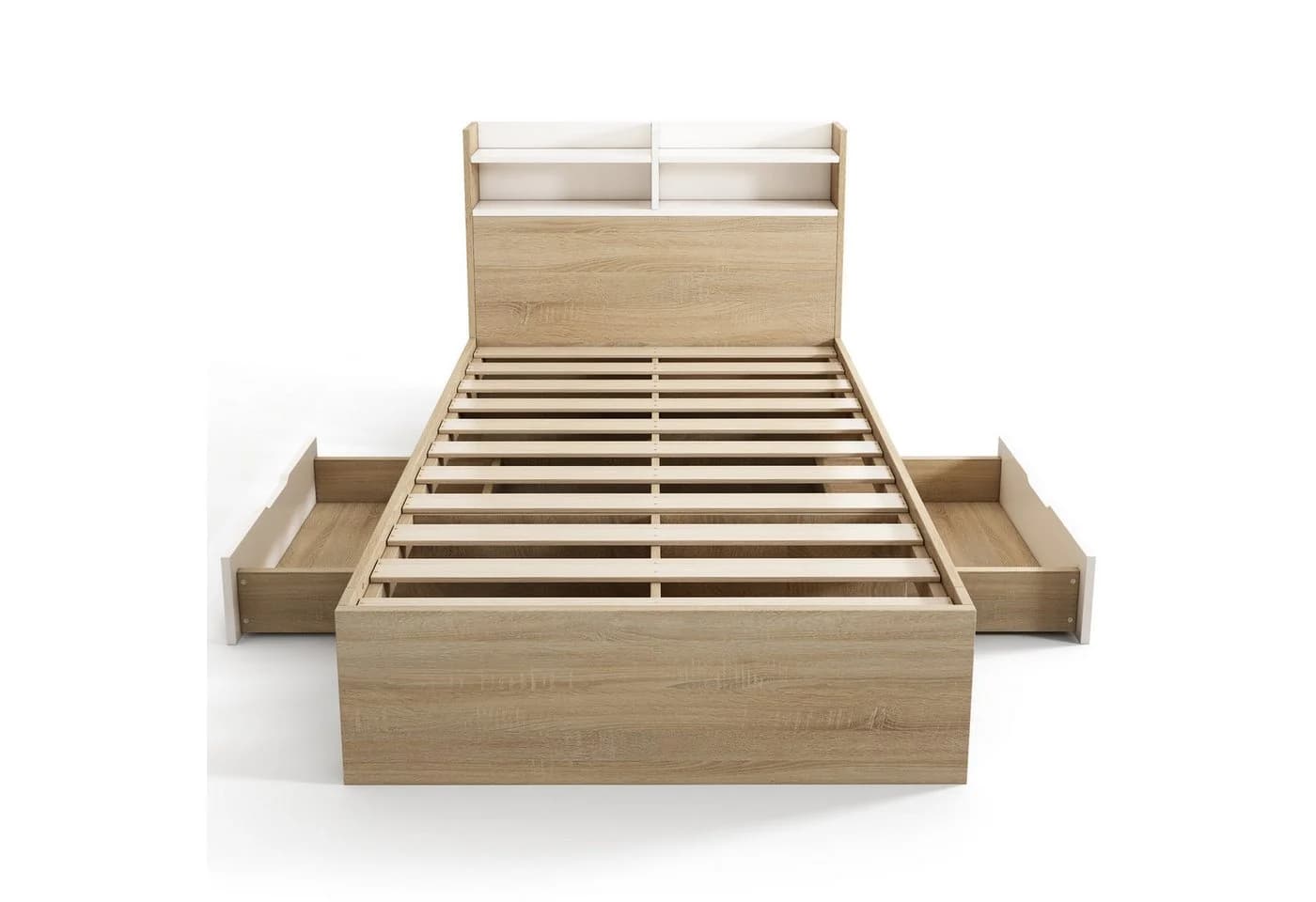 KLAM HOME Einzelbett 90x200 Weiß Eiche Massivholz Stauraum