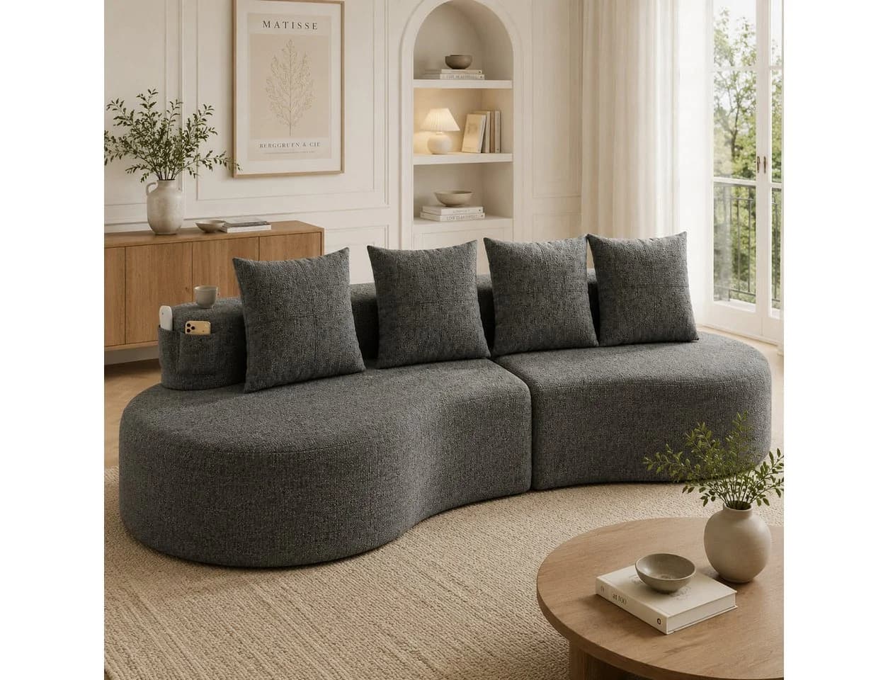 KLAM HOME 4-Sitzer Sofa Beige Leinenstoff mit Tassenhalter - Bild 2