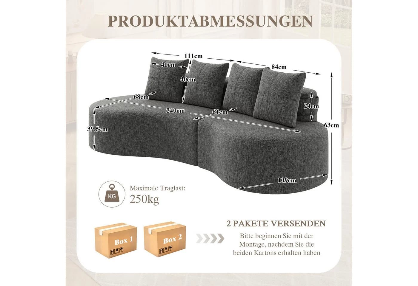 KLAM HOME 4-Sitzer Sofa Beige Leinenstoff mit Tassenhalter - Bild 3