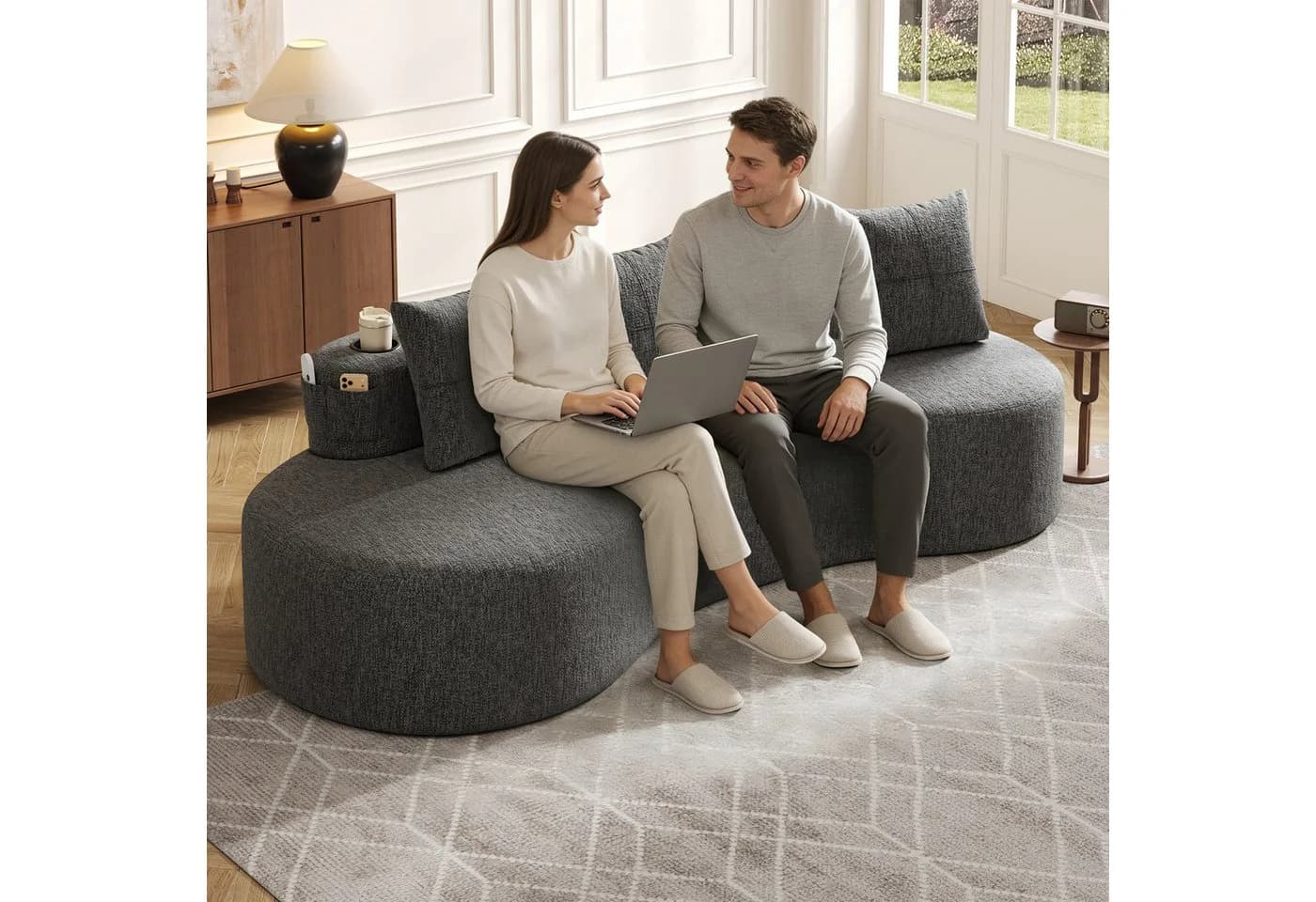 KLAM HOME 4-Sitzer Sofa Beige Leinenstoff mit Tassenhalter - Bild 4