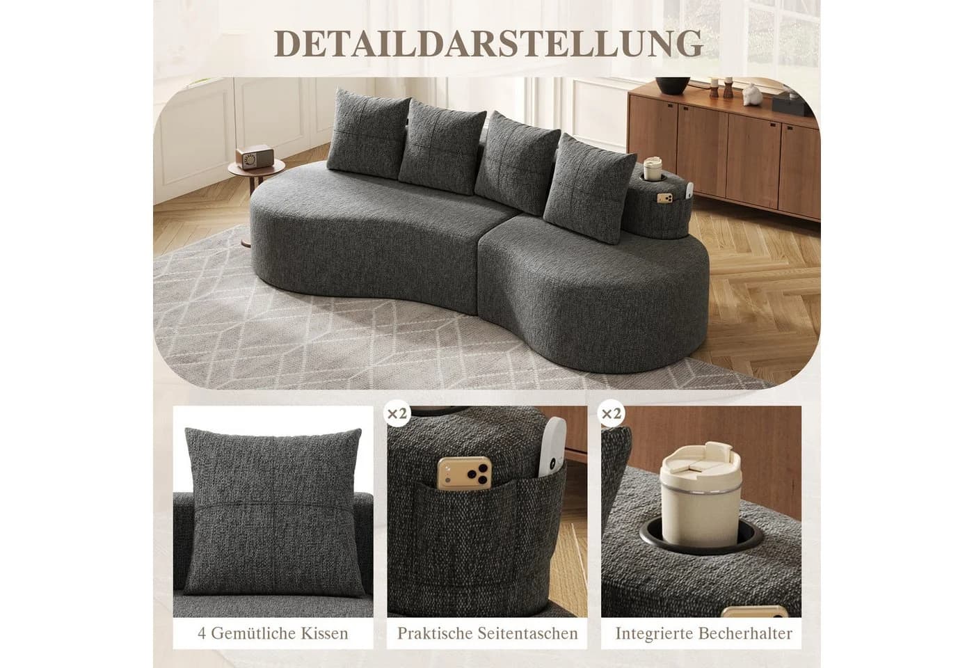 KLAM HOME 4-Sitzer Sofa Beige Leinenstoff mit Tassenhalter - Bild 5