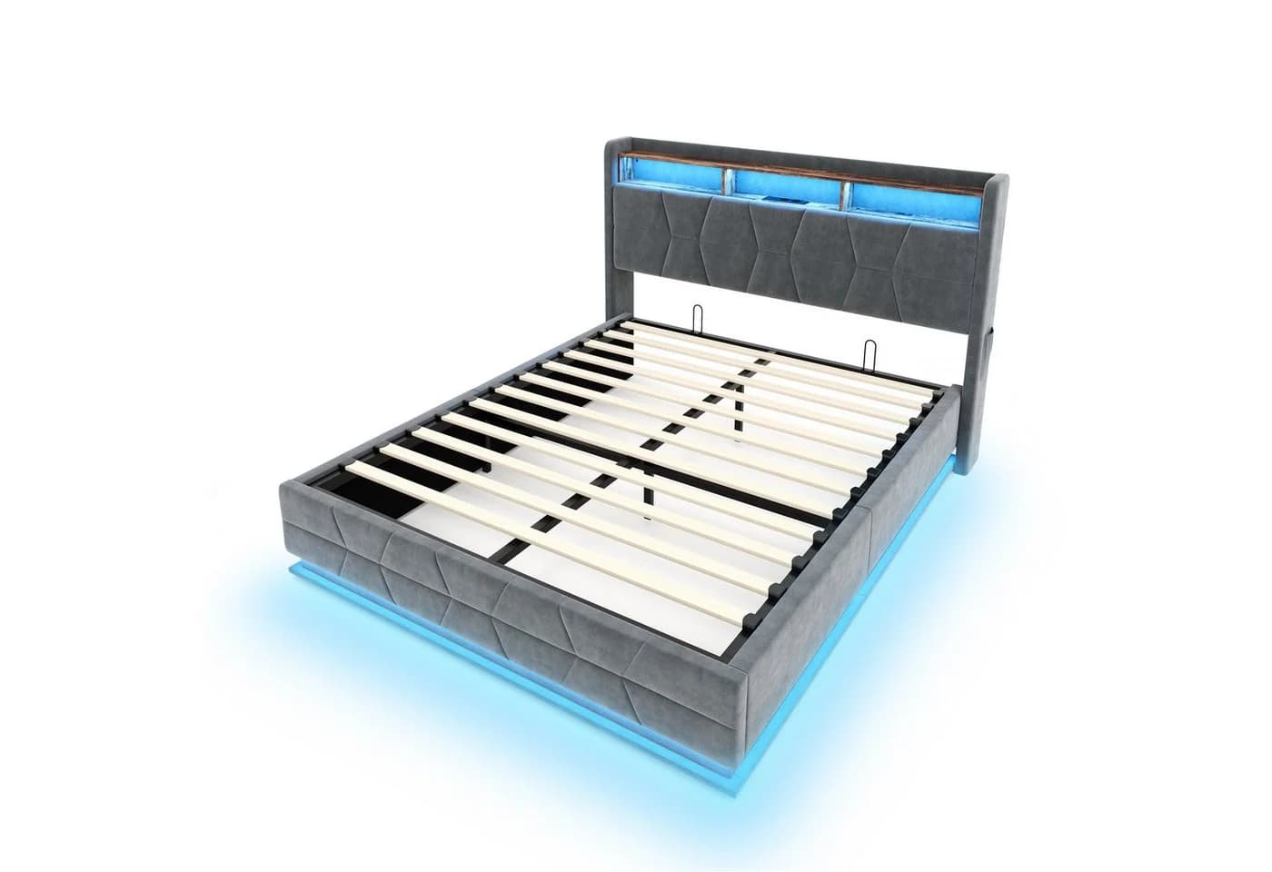 KLAM HOME Polsterbett Beige Samt mit LED & USB Stauraum
