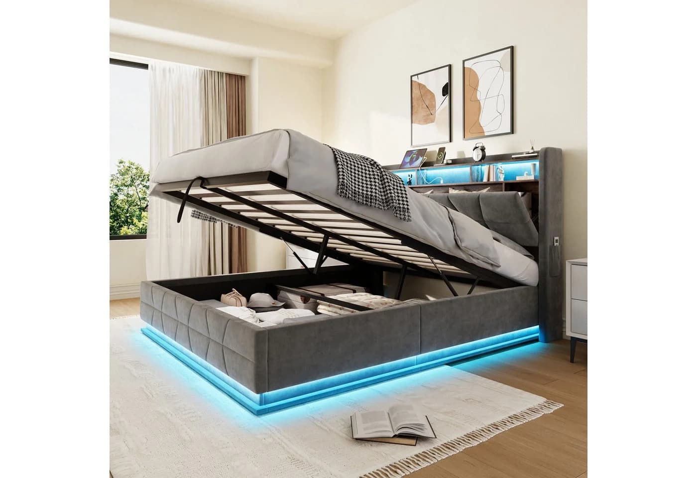KLAM HOME Polsterbett Beige Samt mit LED & USB Stauraum - Bild 2