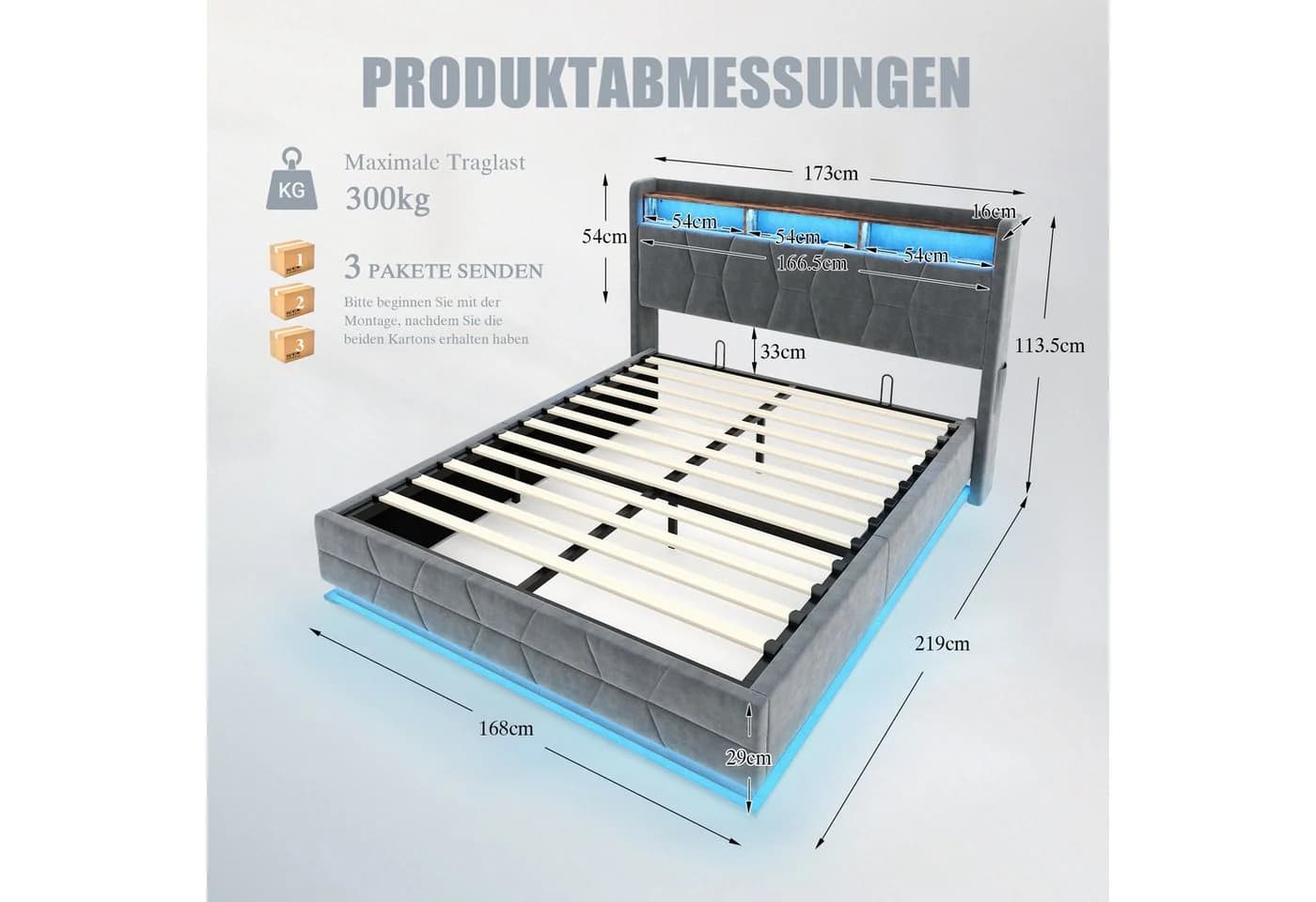 KLAM HOME Polsterbett Beige Samt mit LED & USB Stauraum - Bild 3
