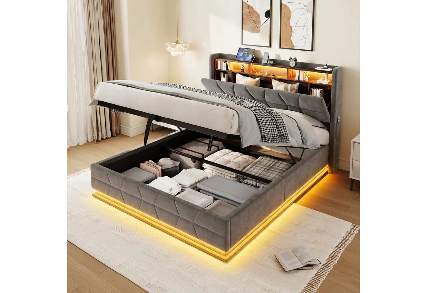 KLAM HOME Polsterbett Beige Samt mit LED & USB Stauraum - Bild 4