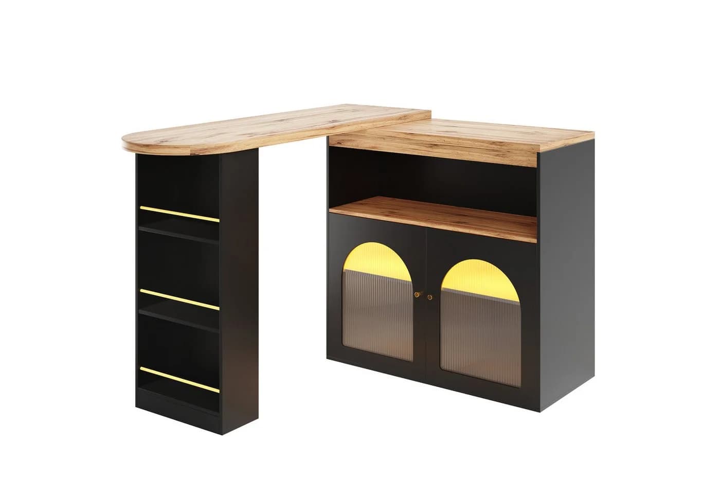 KLAM HOME Bartisch ausziehbar Stehtisch Bistrotisch drehbar Sideboard mit LED-Lichtleisten