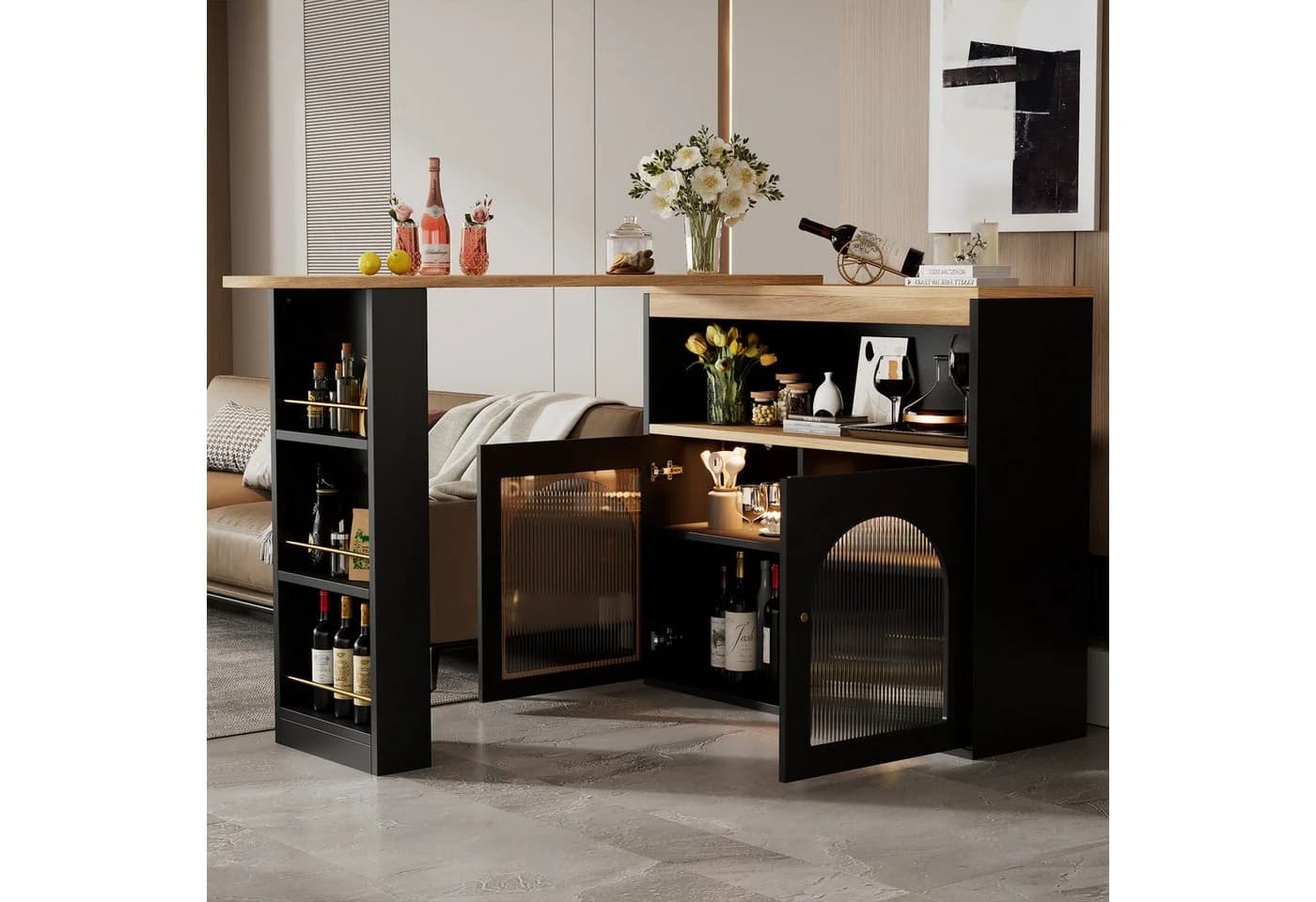 KLAM HOME Bartisch ausziehbar Stehtisch Bistrotisch drehbar Sideboard mit LED-Lichtleisten - Bild 2