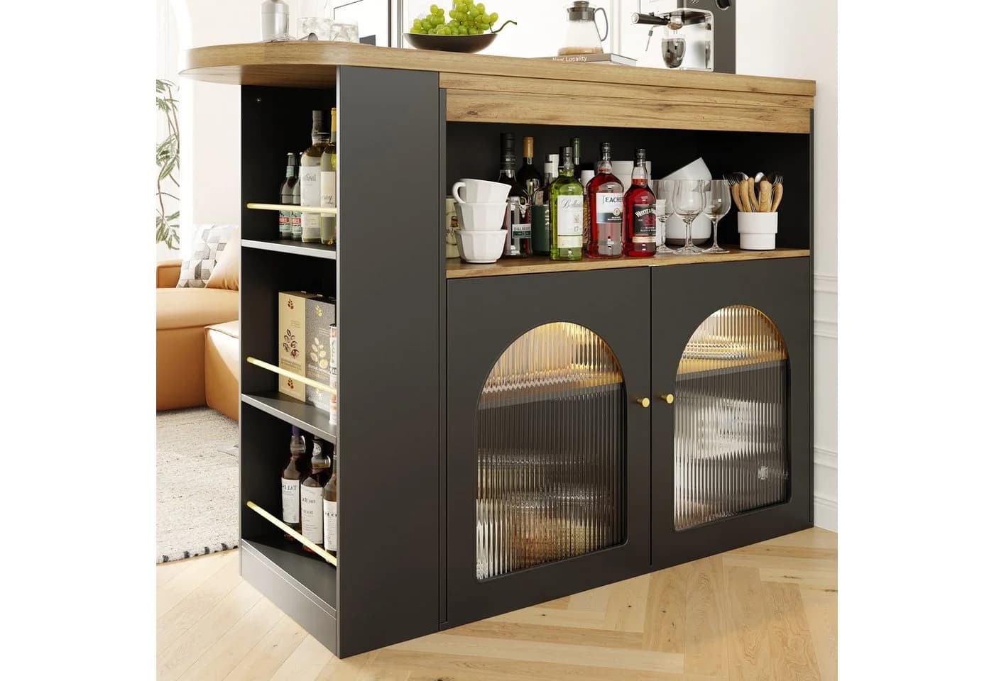 KLAM HOME Bartisch ausziehbar Stehtisch Bistrotisch drehbar Sideboard mit LED-Lichtleisten - Bild 4
