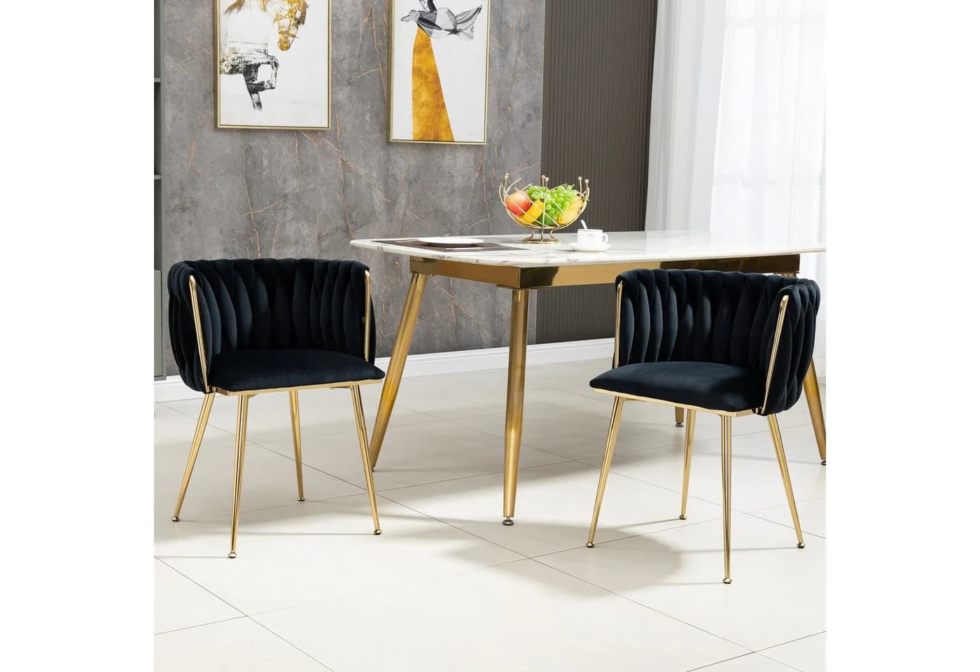KLAM HOME Samt-Esstuhl-Set 2er mit goldenen Metallbeinen Schwarz