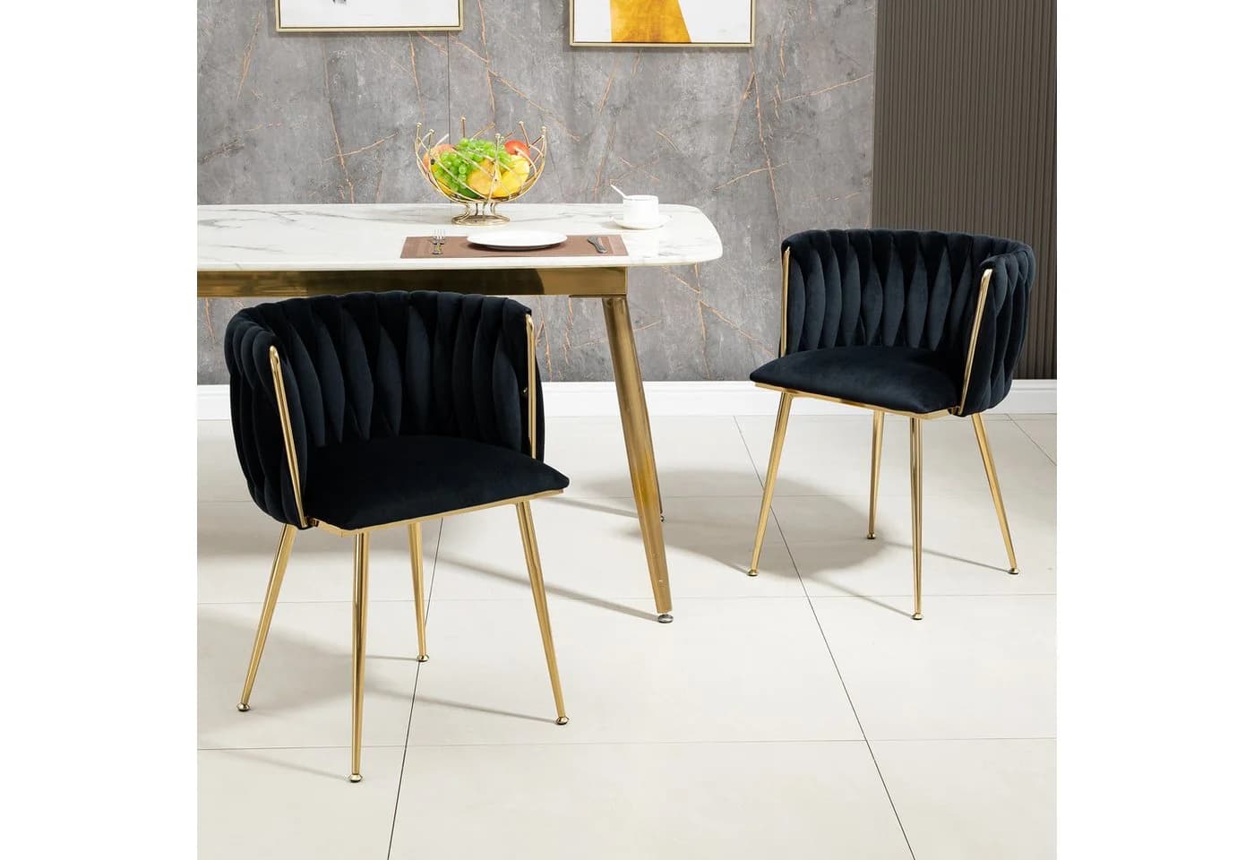 KLAM HOME Samt-Esstuhl-Set 2er mit goldenen Metallbeinen Schwarz - Bild 3