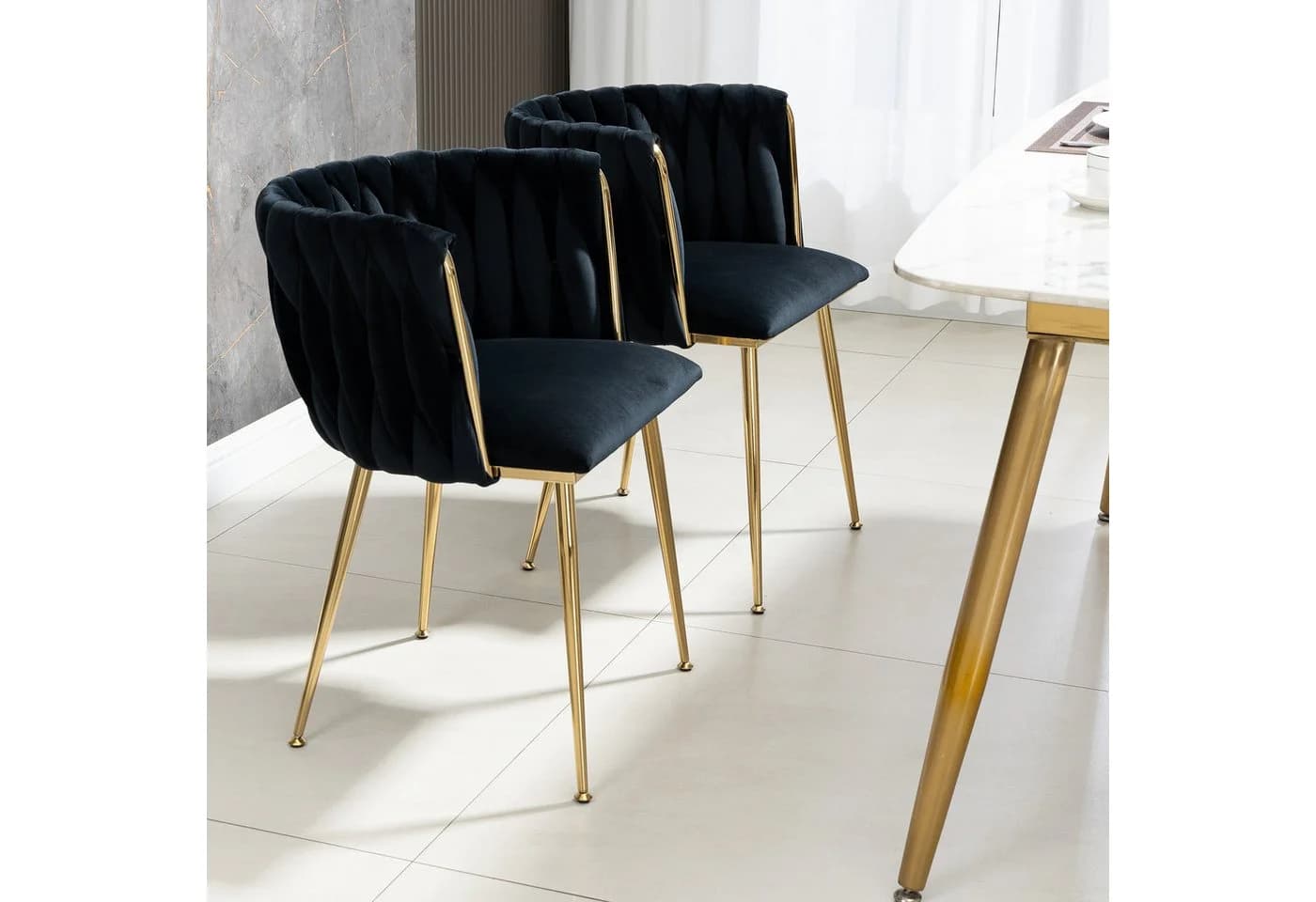 KLAM HOME Samt-Esstuhl-Set 2er mit goldenen Metallbeinen Schwarz - Bild 4